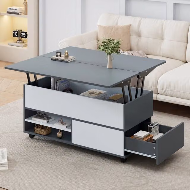 Tavolino da Caffè Regolabile in Altezza 100x98x65 cm con Vano Nascosto, Ripiano, Ruote e Cassetti, Tavolo Multifunzione Grigio-Bianco