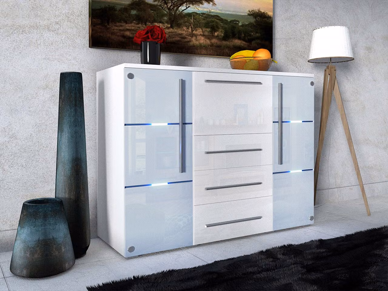 Cassettiera combinata con illuminazione a LED ANTRIM – bianco / bianco lucido