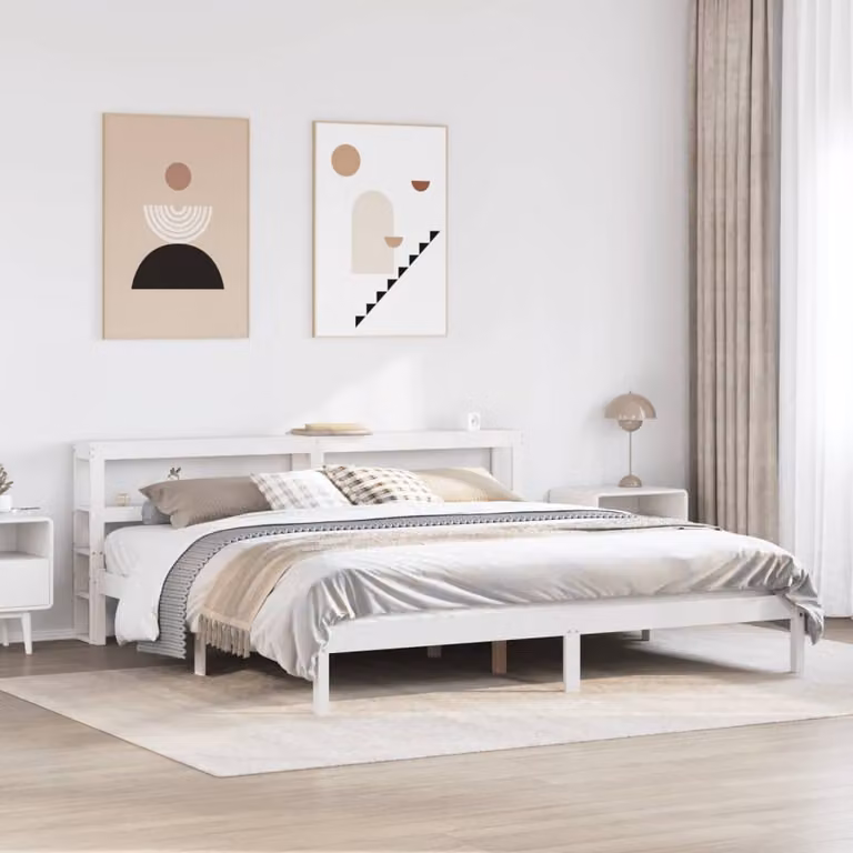 vidaXL Letto in Legno Massello di Pino Bianco con Ripiani Laterali L/P/H: 180 x 200 x 82 cm