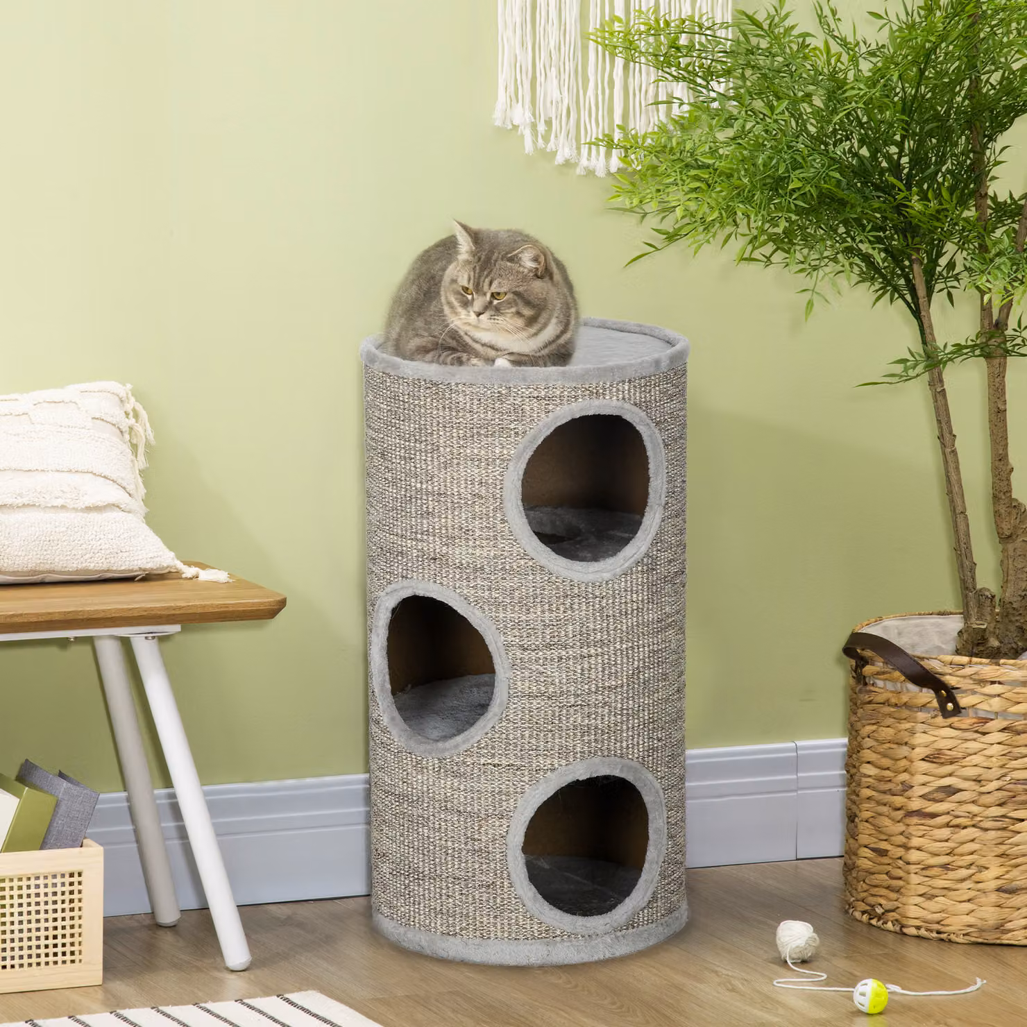 Cuccia per gatti a 3 livelli PawHut con tiragraffi in sisal e peluche, Grigio Chiaro, Ø 38 x 70 cm – 2