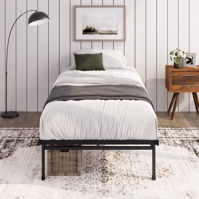 Letto a letto con struttura in metallo, dimensioni 100x200 cm, con spazio contenitore, colore nero, altezza 36 cm