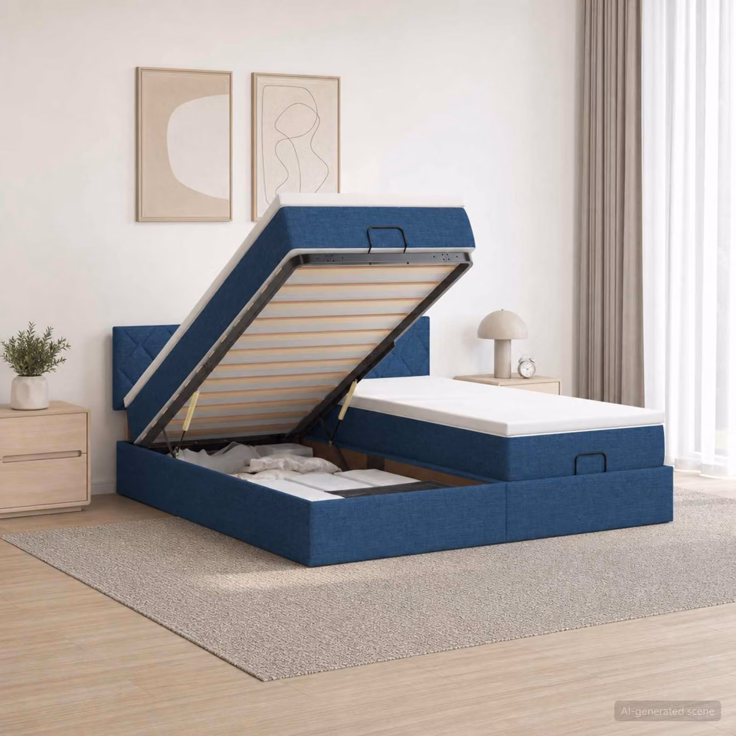 Letto ottomano con materasso e testiera vidaXL in tessuto blu e bianco L/P/H: 200 x 200 x 88 cm