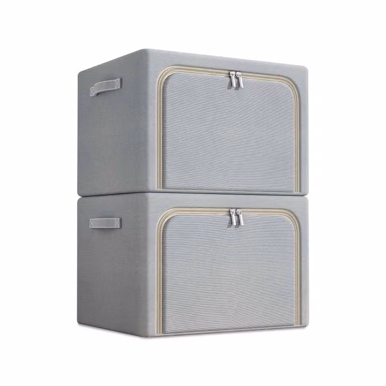set di 2 scatole portaoggetti in tessuto Oxford, impermeabile, pieghevole, 100L, scomparti, per vestiti e guardaroba, senza finestra, grigio chiaro