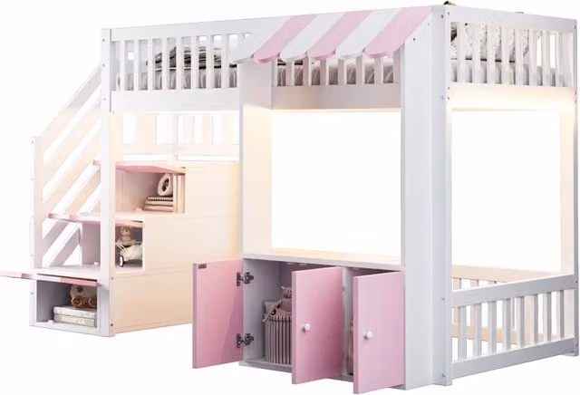 Letto a soppalco 90x200 cm con scala contenitore e LED multicolore; rosa e bianco