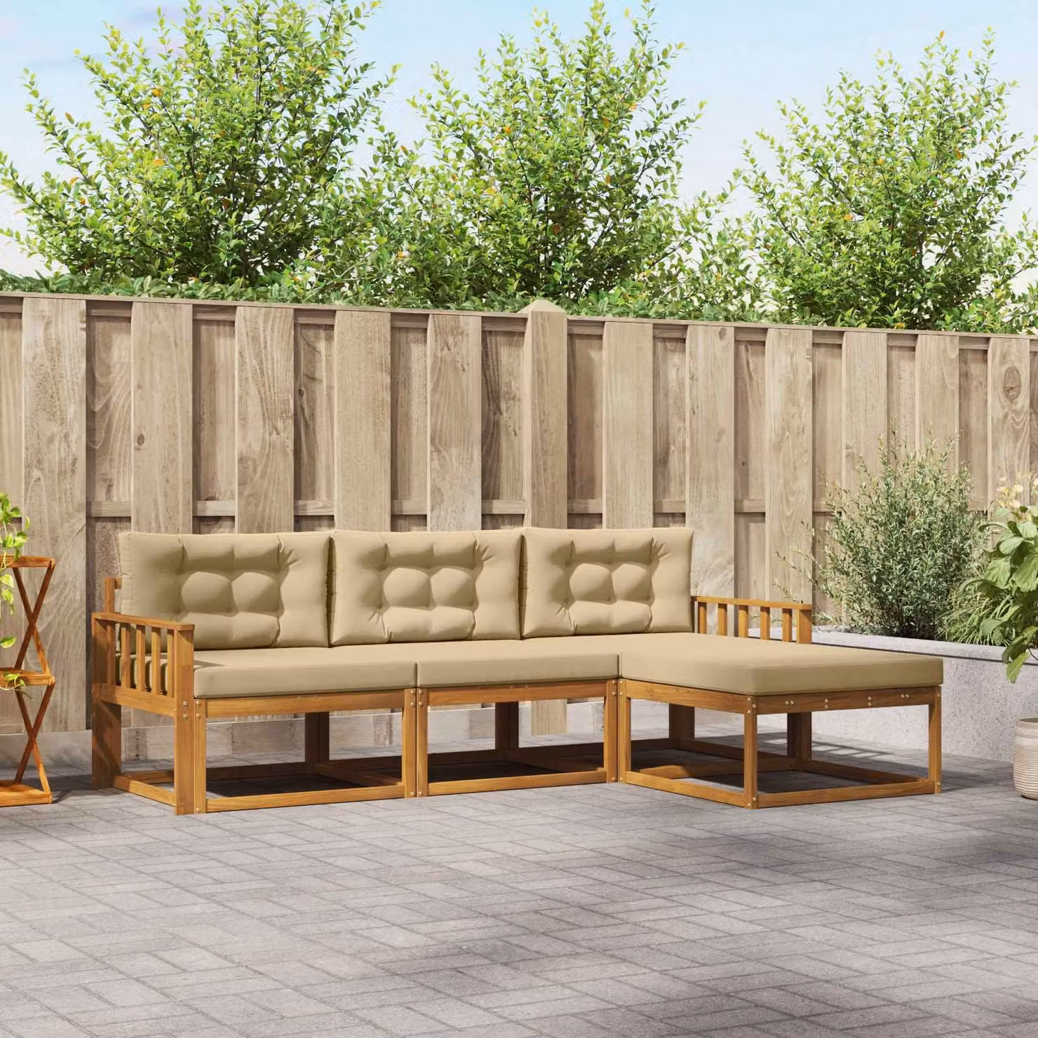 Set di divani da esterno vidaXL in legno di acacia con cuscini, composizione a L con divano a 3 posti, elemento angolare e pouf, colore marrone e beige