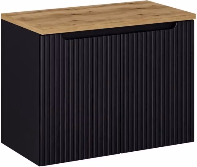 Set bagno VANO 80cm: mobile sottolavabo con armadietti in nero opaco scanalato + piano per lavabo effetto rovere chiaro