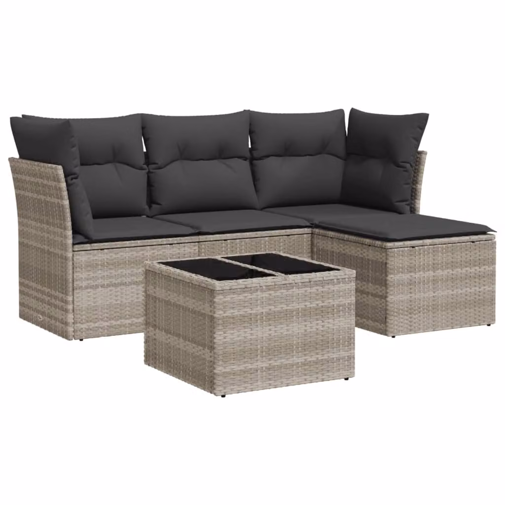 Set Divano da Giardino 5pz con Cuscini Grigio Chiaro Polyrattan