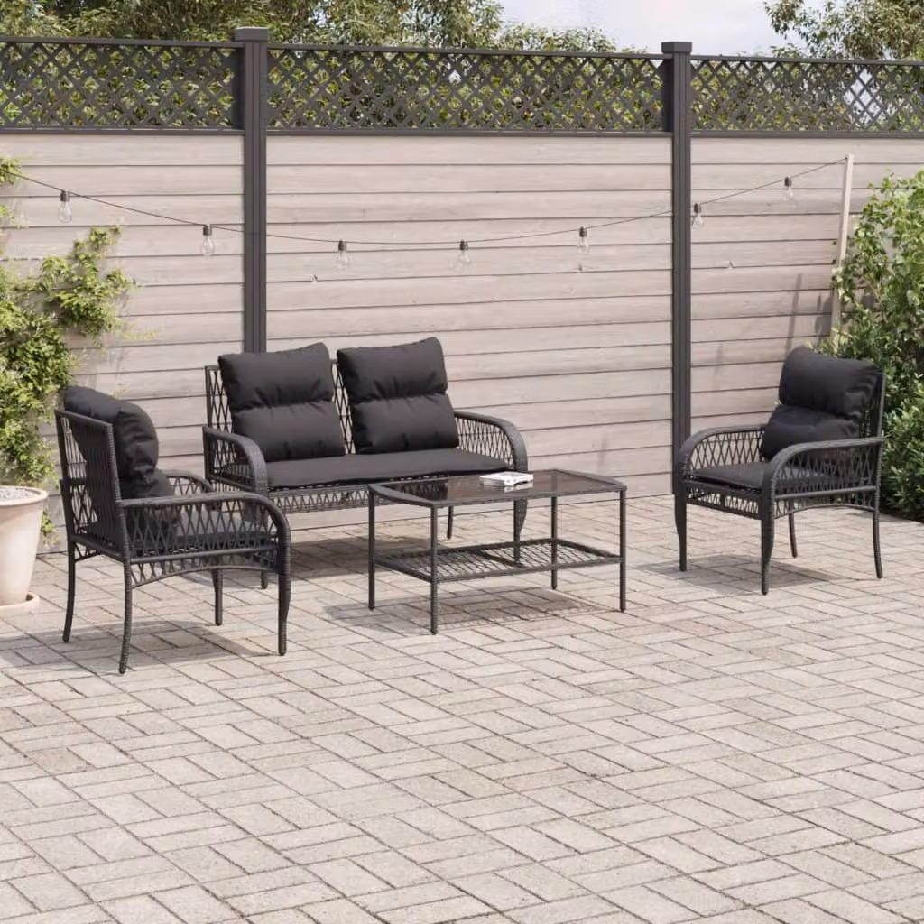 Set da giardino vidaXL 4 pezzi in rattan nero con cuscini e tavolino da esterno