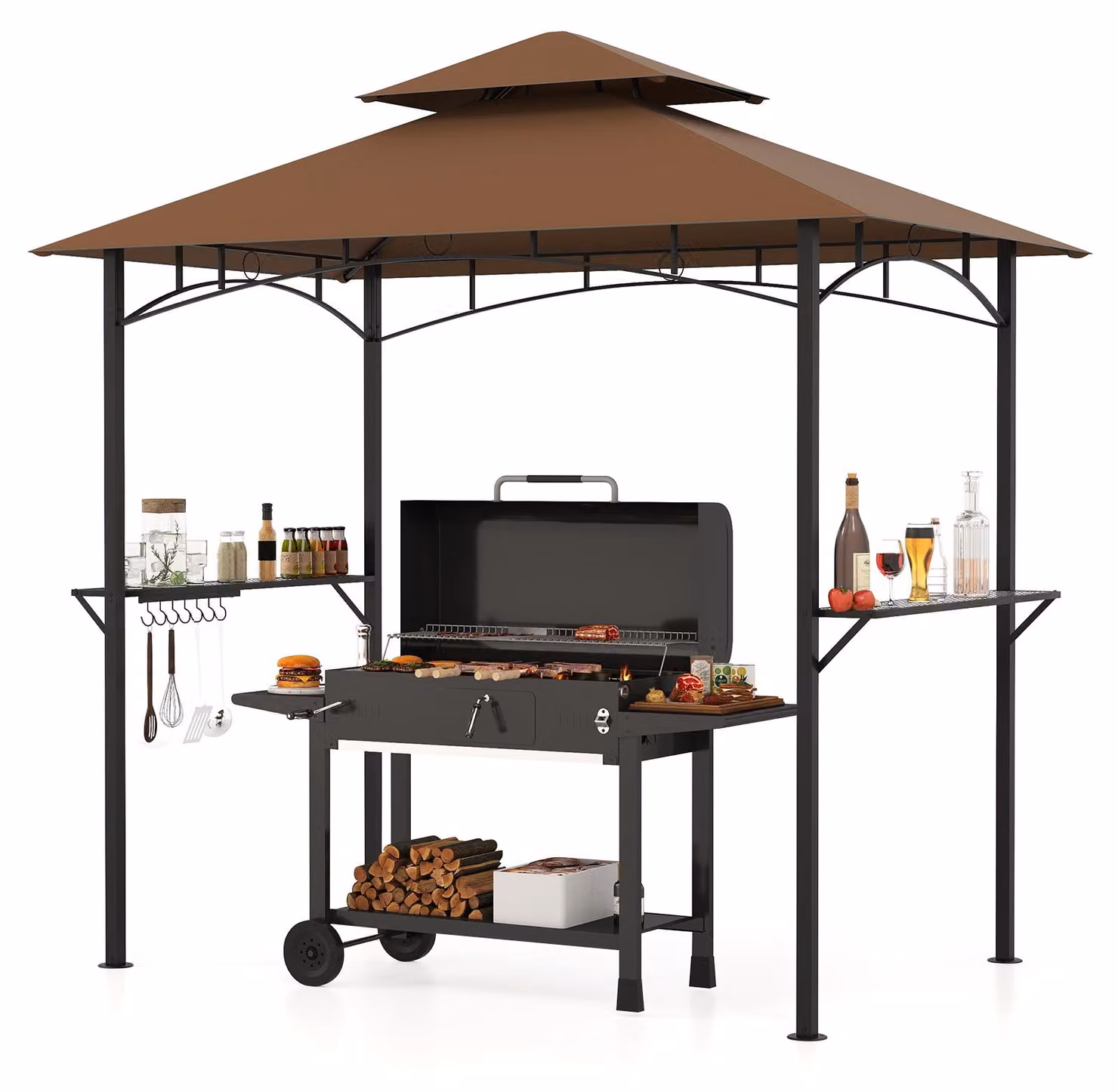 COSTWAY Gazebo per barbecue resistente alle intemperie, copertura per barbecue con doppio tetto, ripiani laterali e 7 ganci, riparo per barbecue Gazebo con telaio in metallo, 240x151x255 cm Marrone