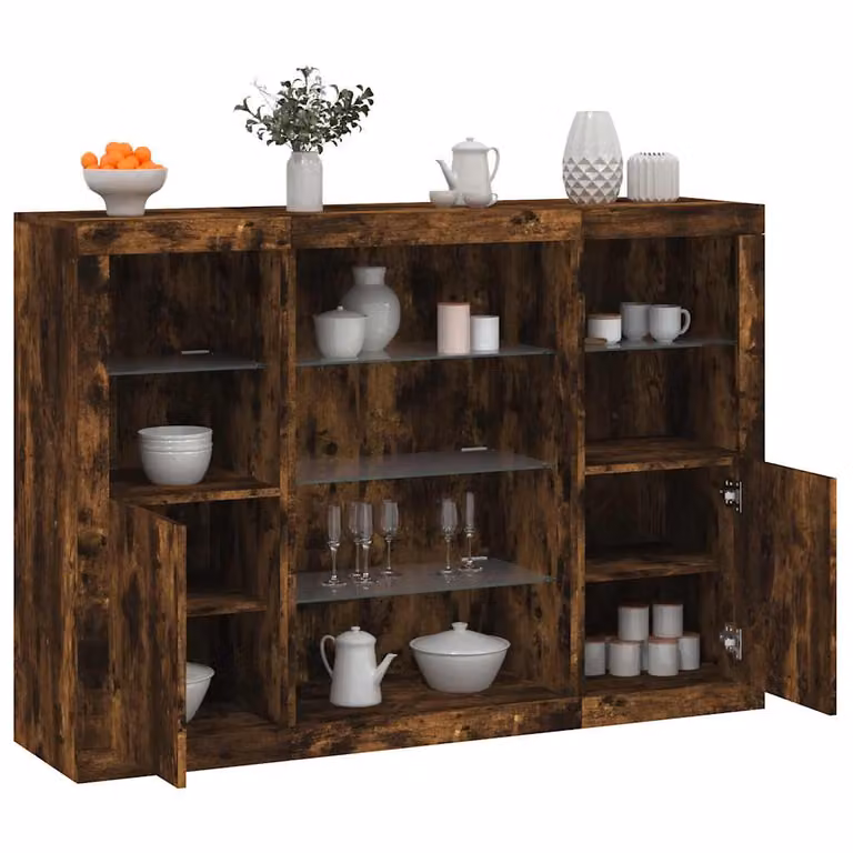Set di 3 credenze moderne vidaXL con luci LED integrate in legno multistrato color rovere fumo marrone
