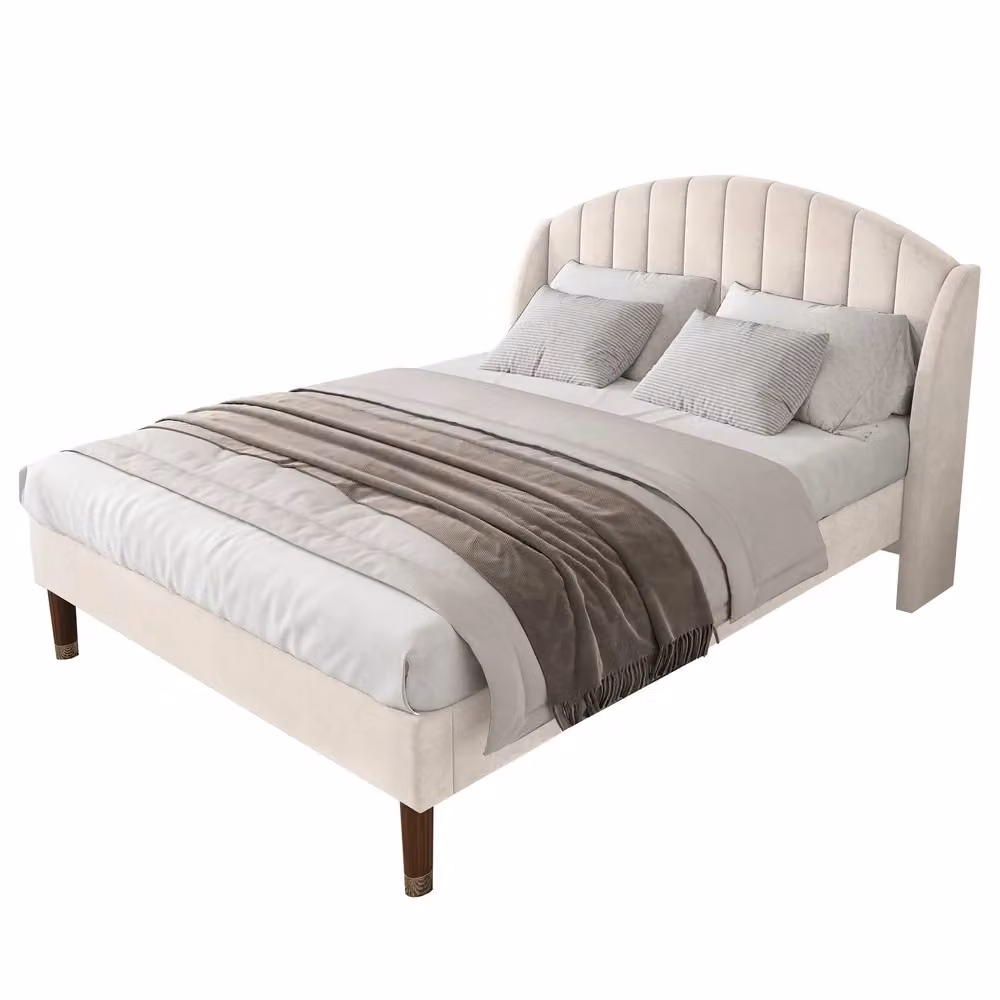Letto imbottito Minimal con rete a doghe e testiera in velluto beige L 140 cm x P 200 cm – 2