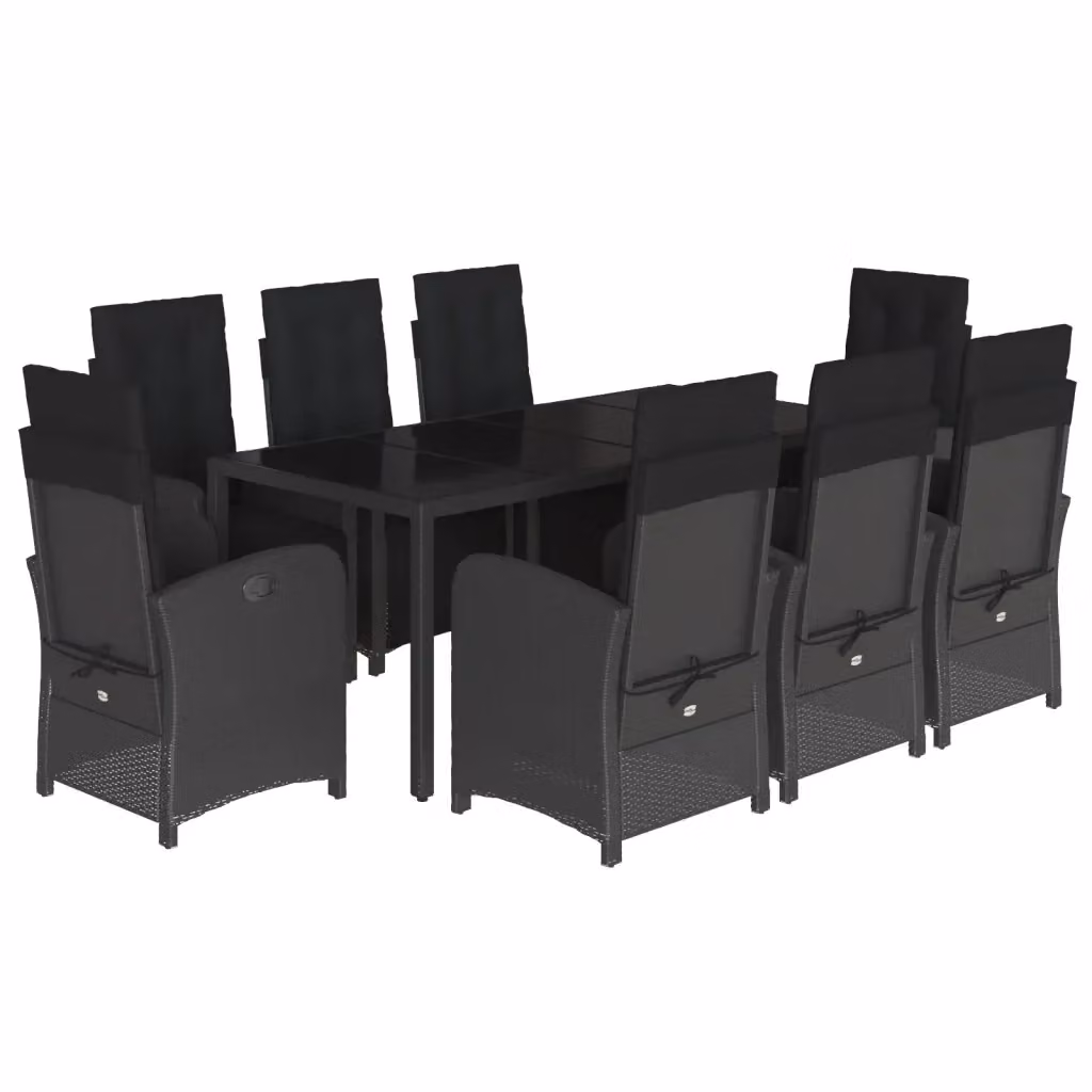 Set da pranzo da giardino vidaXL in polyrattan nero con cuscini e tavolo in vetro per 9 persone – 2