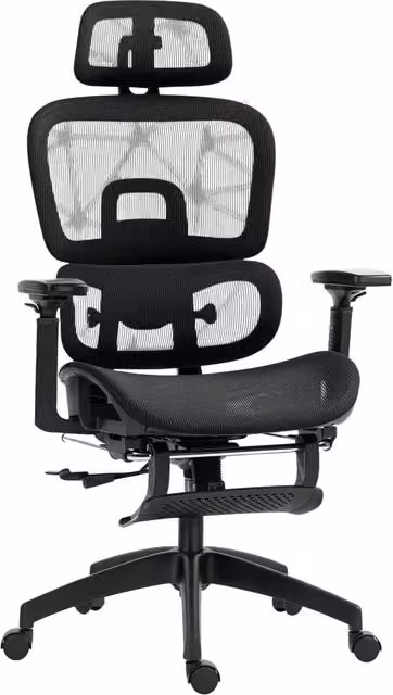 Sedia da ufficio ergonomica in tessuto a rete nero, reclinabile a 135° con poggiapiedi, poggiatesta regolabile e ruote per studio e casa