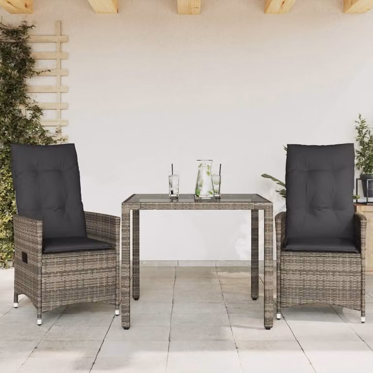 Set da Bistrò vidaXL 3 pz in Polyrattan Grigio con Cuscini e Piano in Vetro