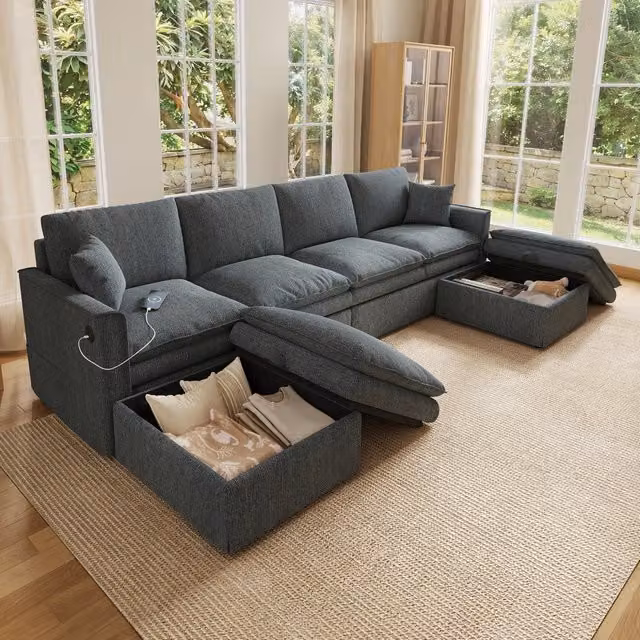Divano modulare 6 posti a U o L con contenitore e ricarica USB integrata in misto cotone e lino grigio 277×135×80 cm