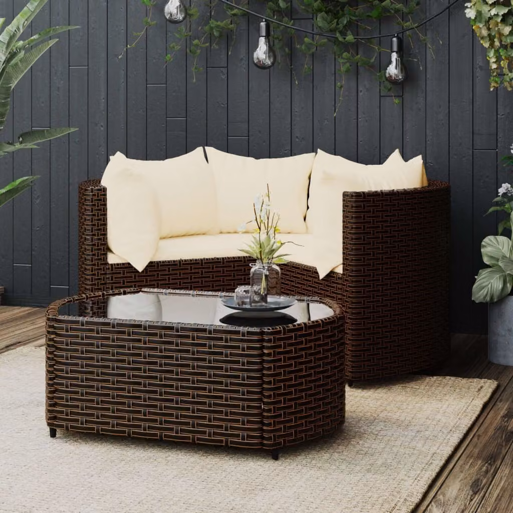 The Living Store Set salotto da giardino 4 pezzi con cuscini in poly rattan marrone