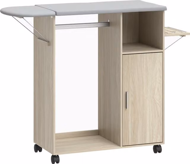 Mobile Asse da Stiro HOMCOM con Piano d'Appoggio Effetto Lino, 3 Ripiani a Cubo e Guida, L/P/H: 127 x 42,5 x 99 cm, Multicolore