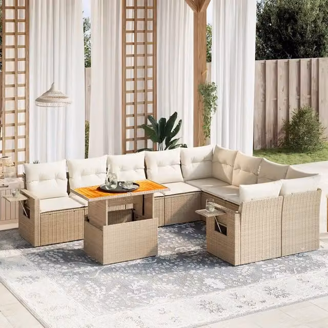 Set Divano da Giardino Moderno VIDAXL in Polyrattan con Cuscini Beige, 10 Pezzi, Forma a L