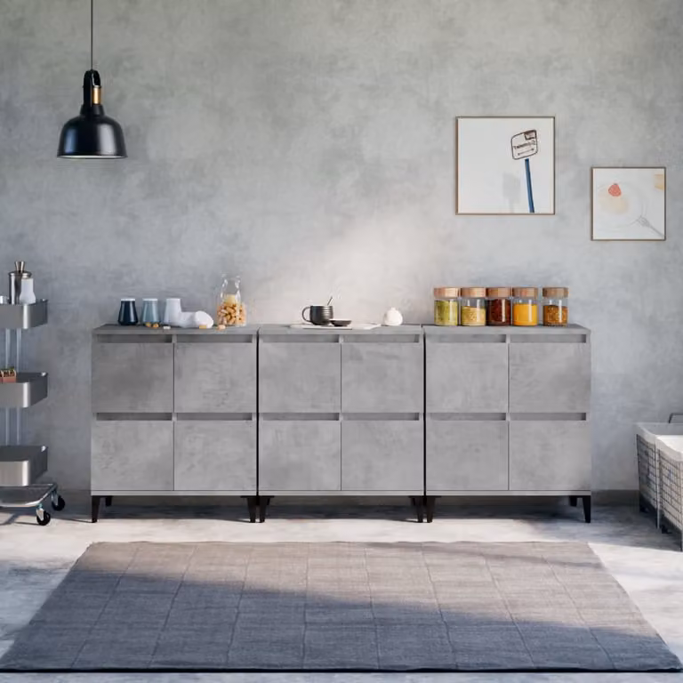 Set di 3 credenze vidaXL in legno multistrato e metallo, colore grigio cemento, L 60 cm x P 35 cm x H 70 cm