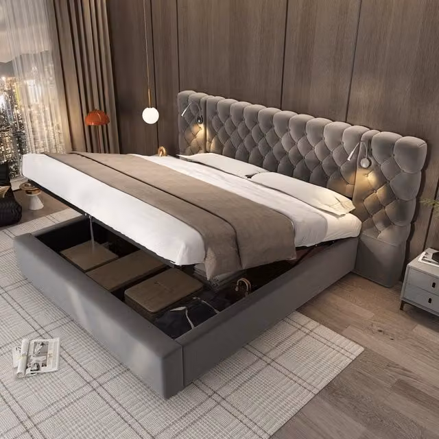 Letto matrimoniale imbottito 160x200cm con LED di stoccaggio e testiera in velluto grigio
