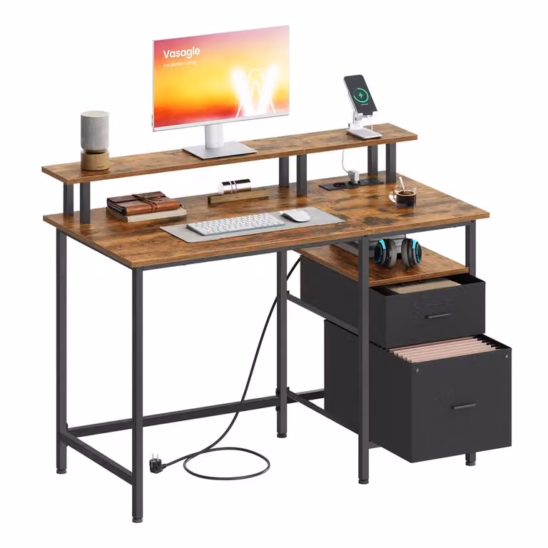 Scrivania per Computer con LED e Prese Nero Ebano, Marrone Vintage / 120l cm