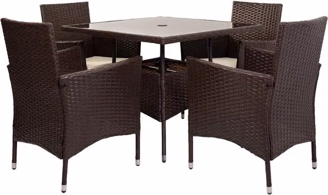 Set da giardino moderno Wanderlust Deco composto da tavolo rettangolare con piano in vetro e 4 sedie in polyrattan nei colori nero e grigio