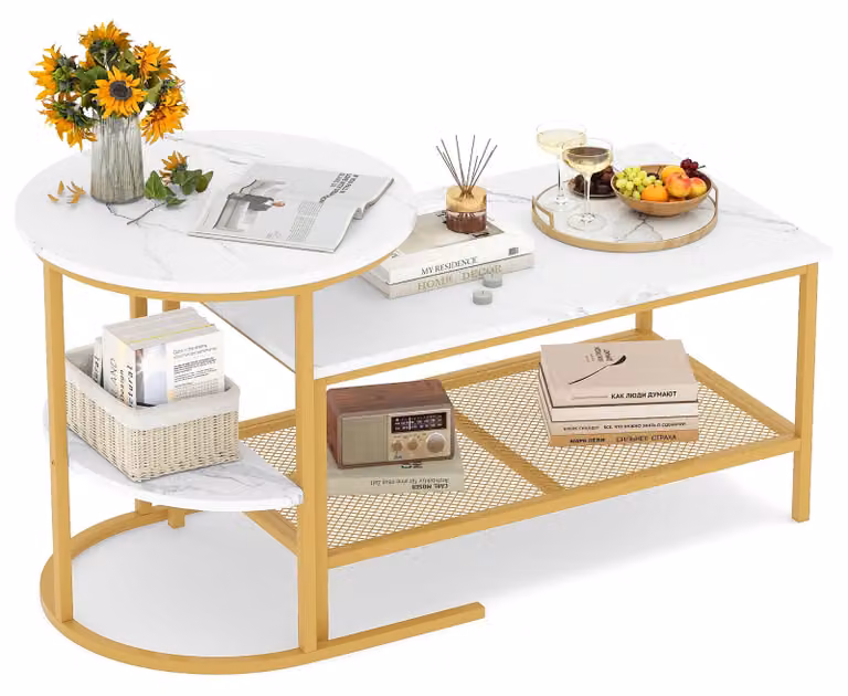 COSTWAY Set da 2 tavolini: tavolino da salotto con struttura in metallo e ripiano, tavolino da caffè, tavolino da soggiorno, tavolino da divano per soggiorno e camera da letto, bianco