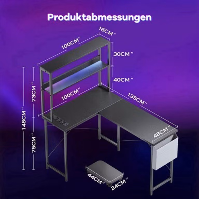 Scrivania da gaming a forma di L - Illuminazione LED - 148x135x75 cm - Struttura in metallo e pannelli in legno - Colore nero
