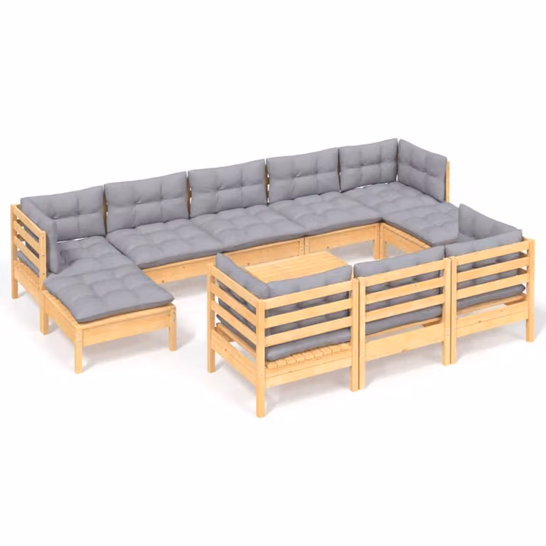 Set Divani da Giardino 11 pz con Cuscini Grigi Massello di Pino