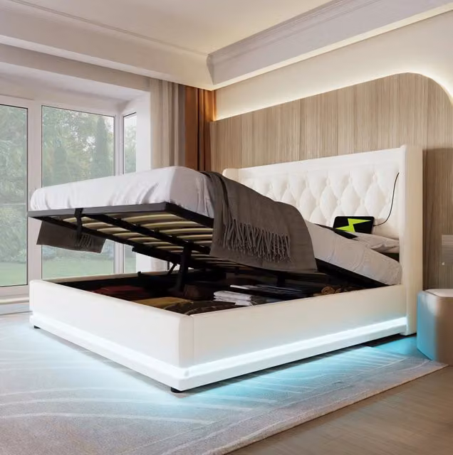 Letto matrimoniale imbottito 140x200 cm in PU bianco con contenitore; USB Tipo-C e LED