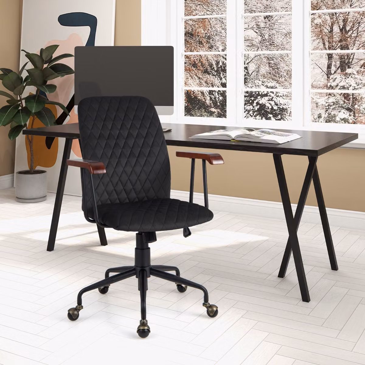 Sedia da ufficio girevole Costway in velluto nero con braccioli e ruote per home office