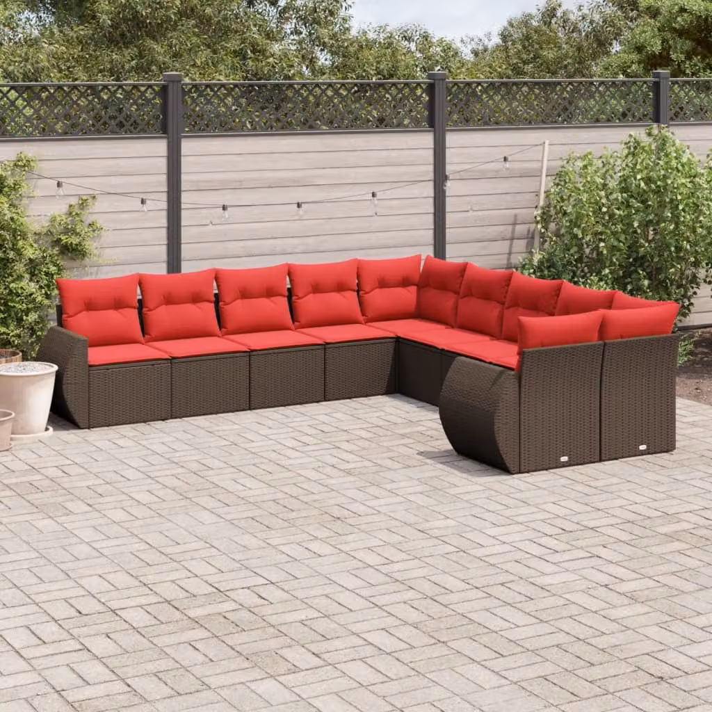 Set di divani da giardino vidaXL a forma di U composto da 10 pezzi in rattan con cuscini marroni e struttura in metallo resistente ai raggi UV