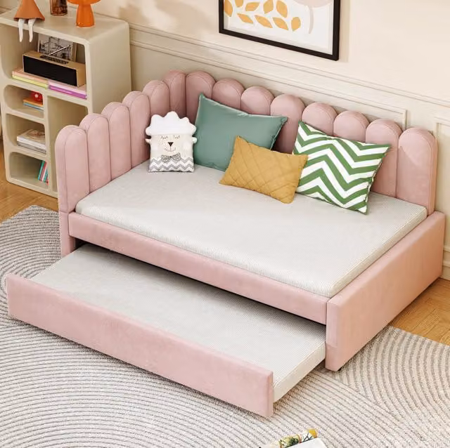 Divano Letto Angolare 140x200 cm in Tessuto Vellutato Rosa con Schienale Decorativo e Letto Estraibile