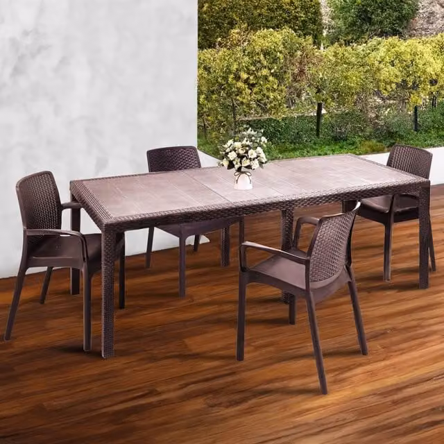 Set tavolo e sedie Arret DMORA con ripiano rettangolare allungabile, effetto rattan, colore marrone, ideale per giardino, balcone o terrazza