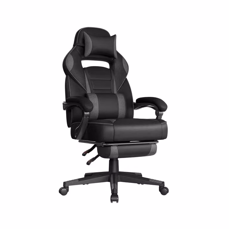 Sedia da Ufficio Ergonomica con Poggiapiedi Telescopico Schienale Regolabile, Nero Grigio + Tessuto Lino