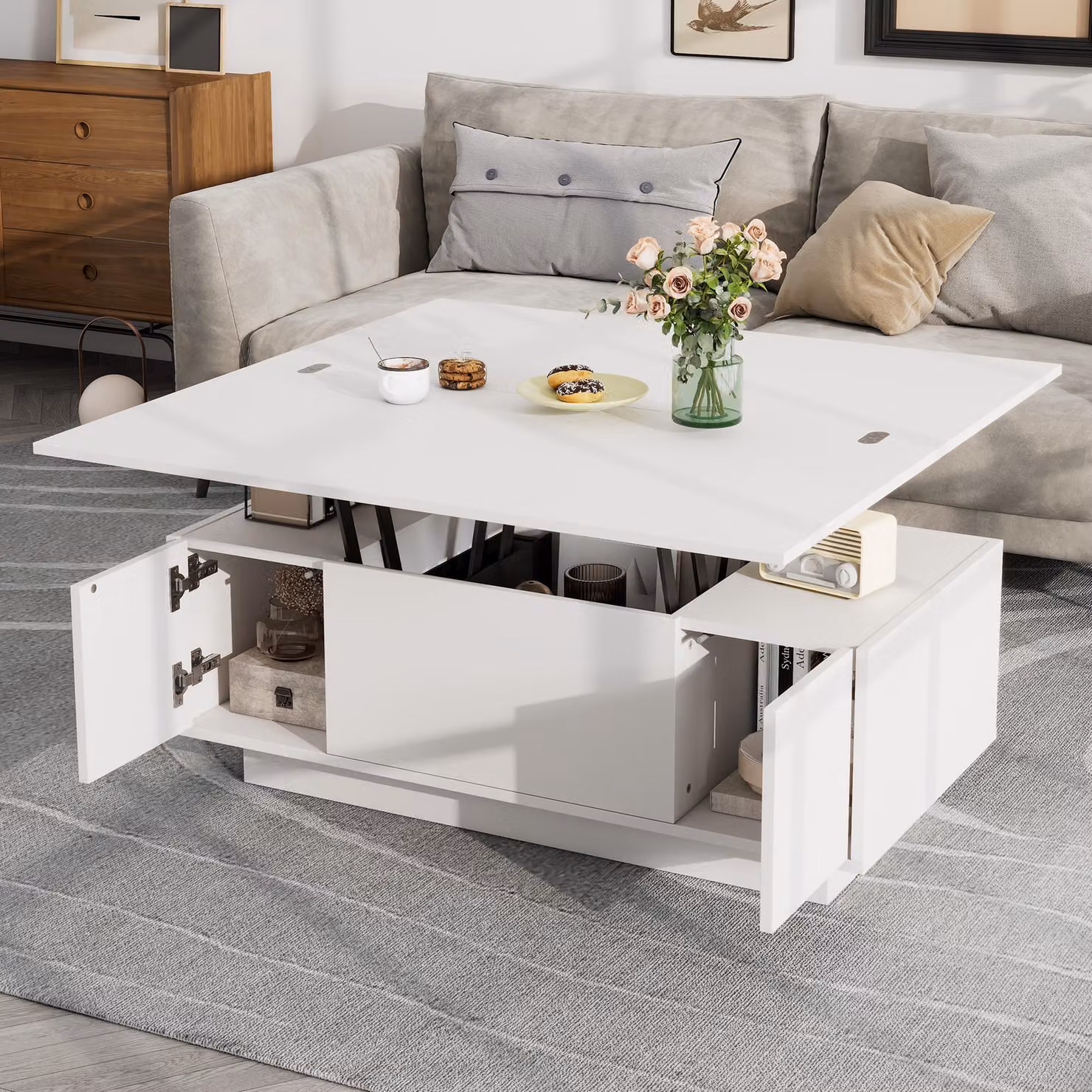OKWISH Tavolino da caffè sollevabile con portaoggetti nascosto - Piano regolabile con doppio sistema di sollevamento - Design moderno per il soggiorno - Pannello in MDF - Bianco