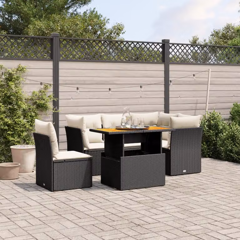 vidaXL Set Divani da Giardino a L con Cuscini, Tavolino e Struttura in Metallo e Legno di Acacia, Nero e Bianco