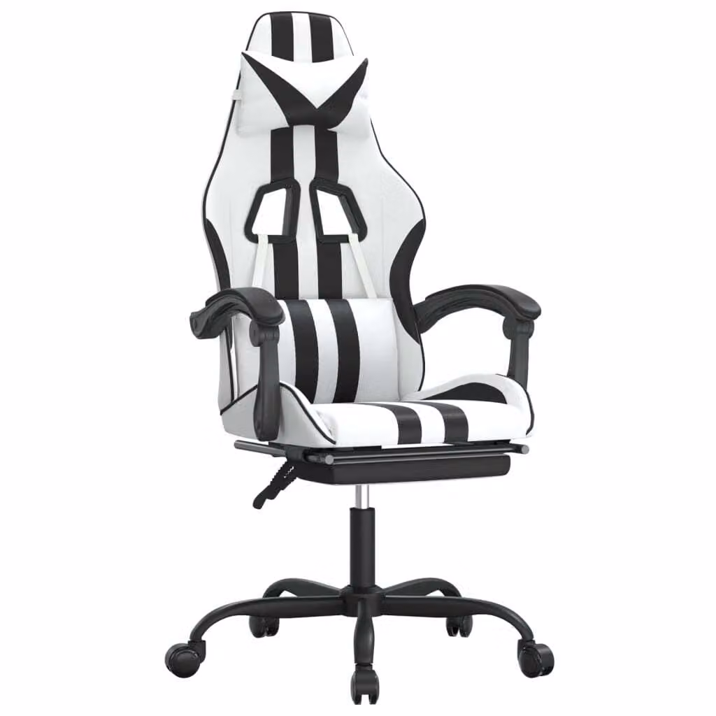 Sedia da Gaming Girevole Poggiapiedi Bianco e Nero Pelle finta