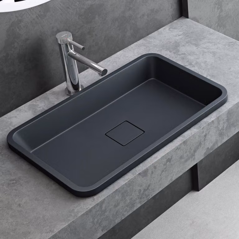 Lavabo in pietra minerale, 53x33x10,5 cm, finitura opaca color antracite, forma rettangolare