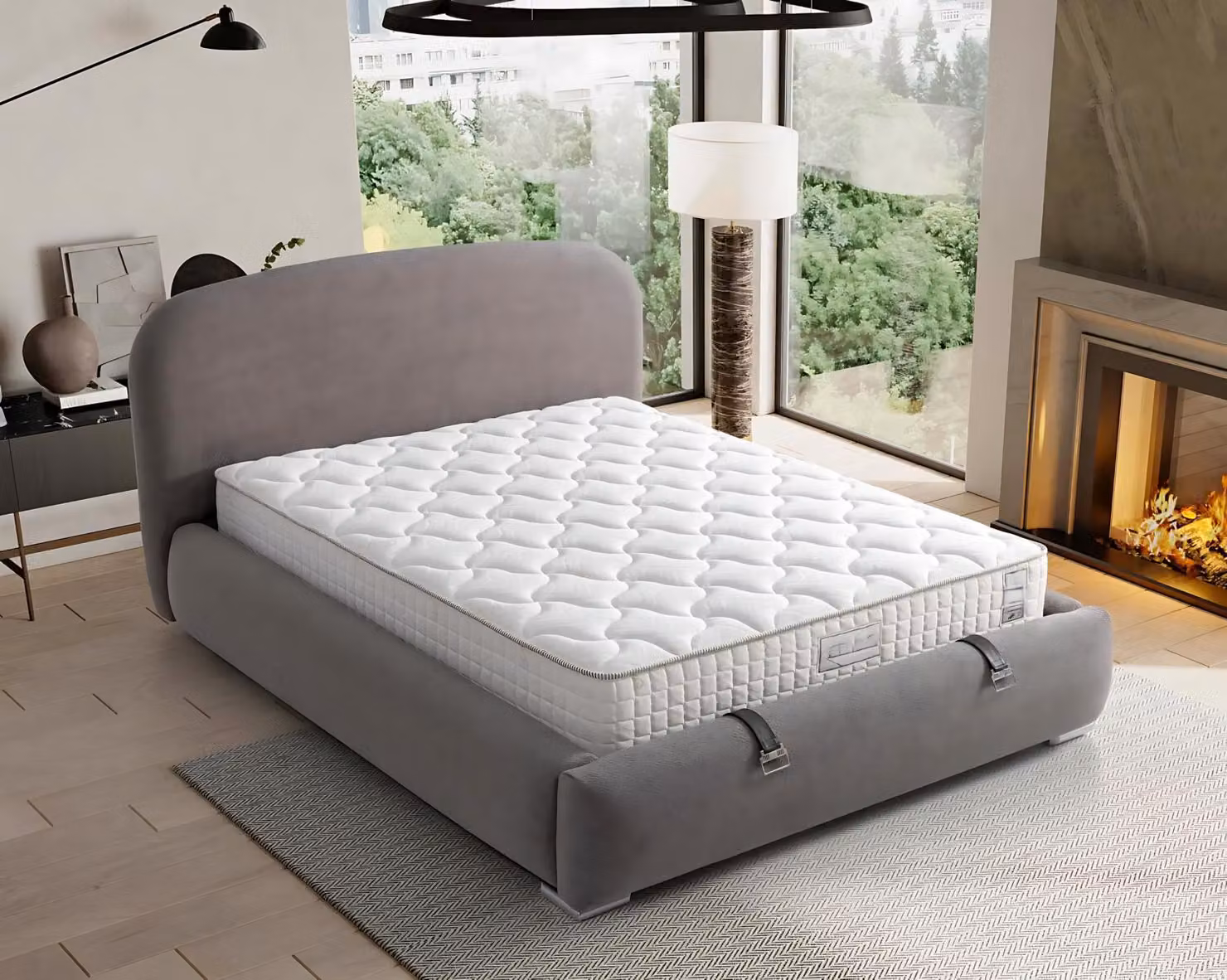 Elegantes graues Bett mit Matratze aus Textil und Holz