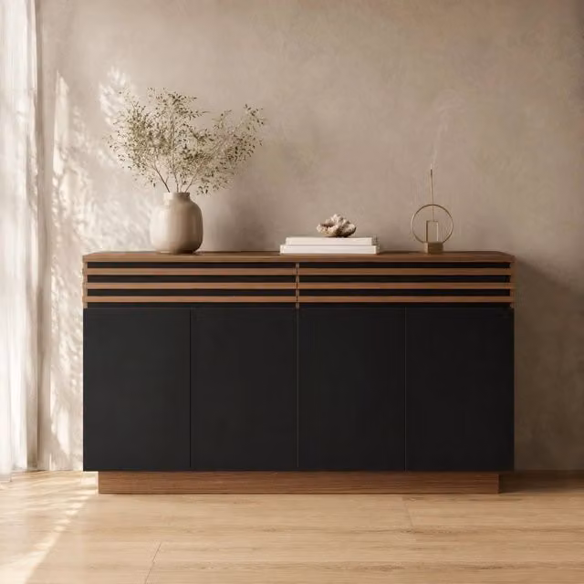 Madia moderna in MDF marrone e nero con finitura opaca L: 150 cm, P: 40 cm, H: 85 cm