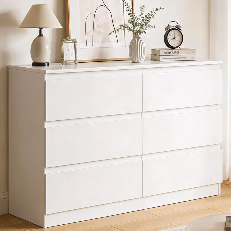 Comodino con 6 cassetti, bianco, in legno, dimensioni 120x40x75 cm