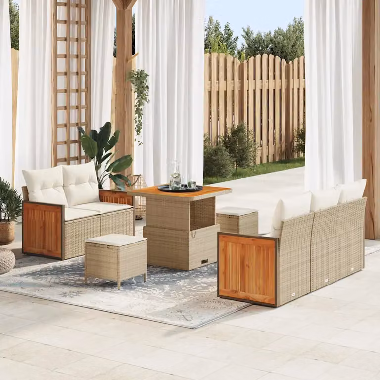 Set Divano da Giardino a L vidaXL 10 Pezzi Beige con Cuscini e Tavolino da Esterno
