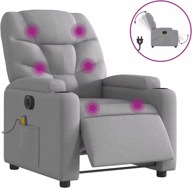 Poltrona | Sedia Relax Reclinabile Massaggio Elettrica Grigio Chiaro Tessuto