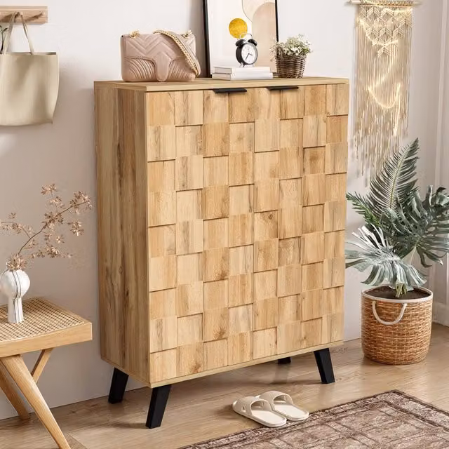 Scarpiera OKWISH moderna in legno color marrone con ante soft-close e ripiani regolabili per ingresso o camera da letto L: 80,5 cm, P: 35 cm, H: 109,5 cm