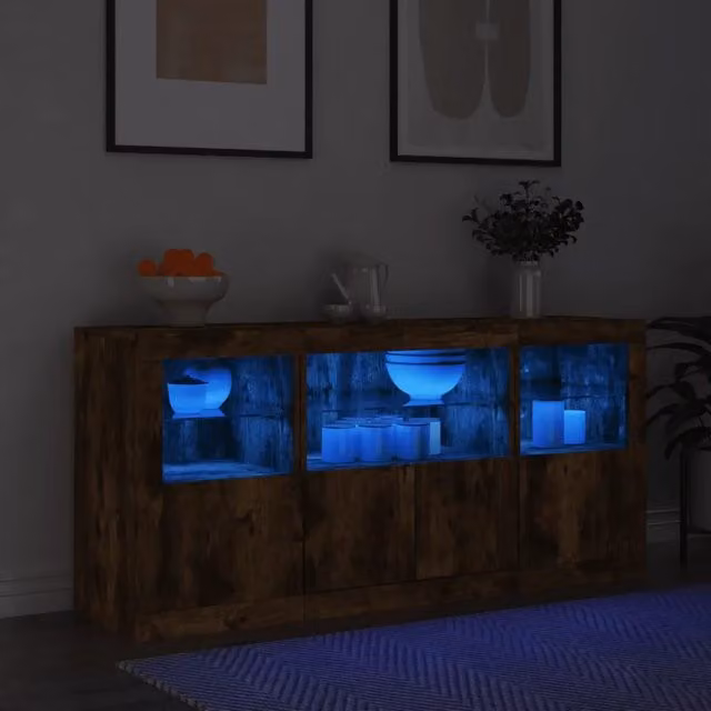 Credenza con Luci LED-Buffet-Armadio da cucina Rovere Fumo 142,5x37x67 cm 960067