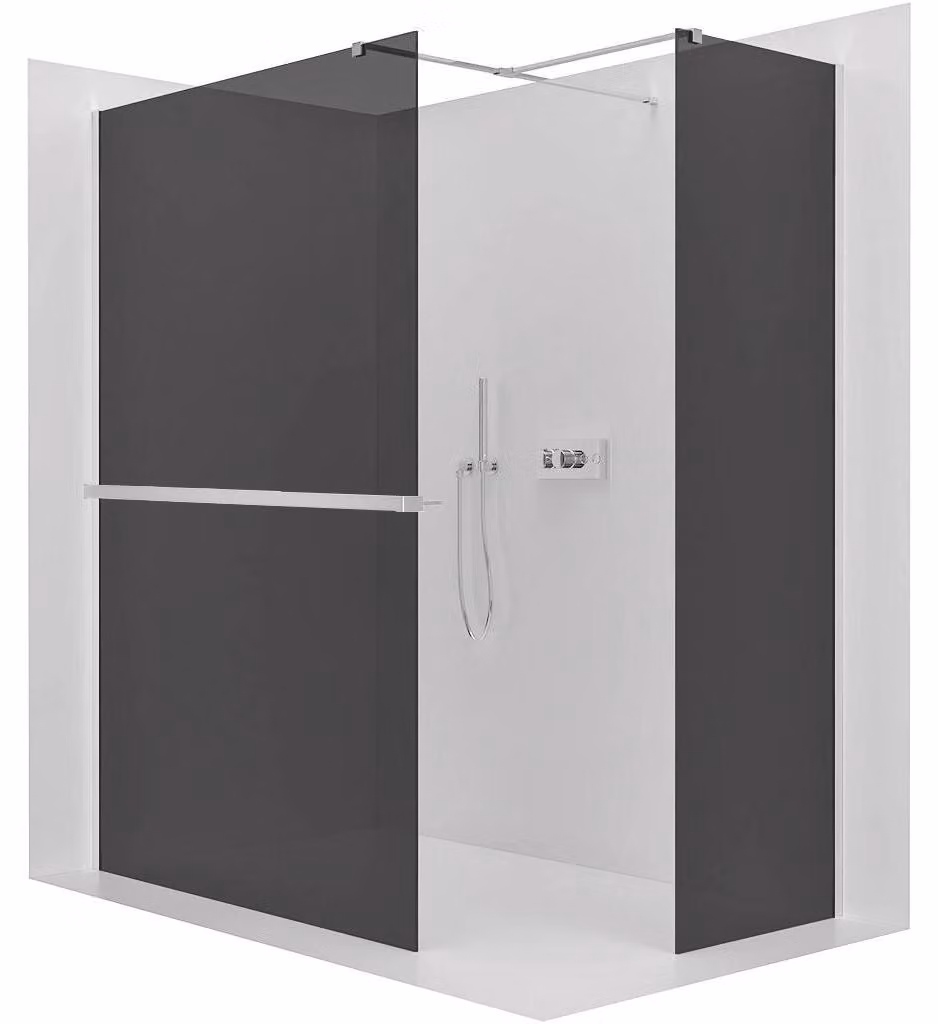Pannello doccia angolare Walk-in Onyx T L/P - 8 mm - montante quadrato + ripiano/portasciugamani - cromato, vetro grigio - 150x60x200 cm