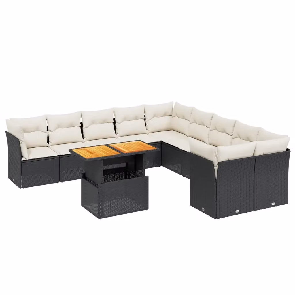 Set Divani da Giardino vidaXL 11 pz con Tavolino e Cuscini, Design Moderno a L in Polyrattan e Legno di Acacia, Nero e Bianco – 2