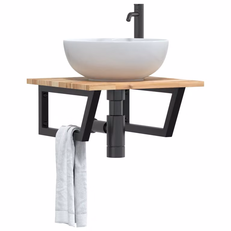 vidaXL Ripiano a Parete per Lavabo in Acciaio e Legno di Acacia, Nero e Marrone