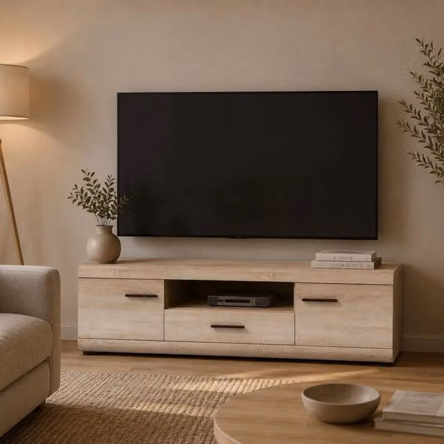 Mobile porta TV Kalepa DMORA in legno rovere marrone e beige con un cassetto, L 140 cm x P 54 cm x H 44 cm